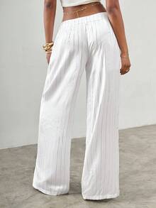 SHEIN ICON 女士Y2K低腰宽松阔腿及地长裤灰色竖条纹裤 - 白色 - 查看 2