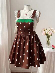 Sweetra Plus Size Women Cute Sweet Casual Vacation Red Ditsy Floral Sleeveless Dress - Coffee Brown - View 3