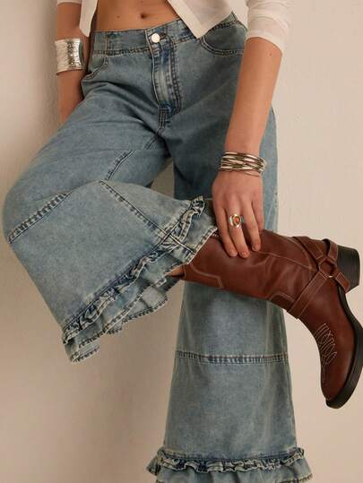 Easelle Nova Chegada Calça Denim Cropped de Perna Larga Solta com Babado na Cintura Baixa para Mulheres