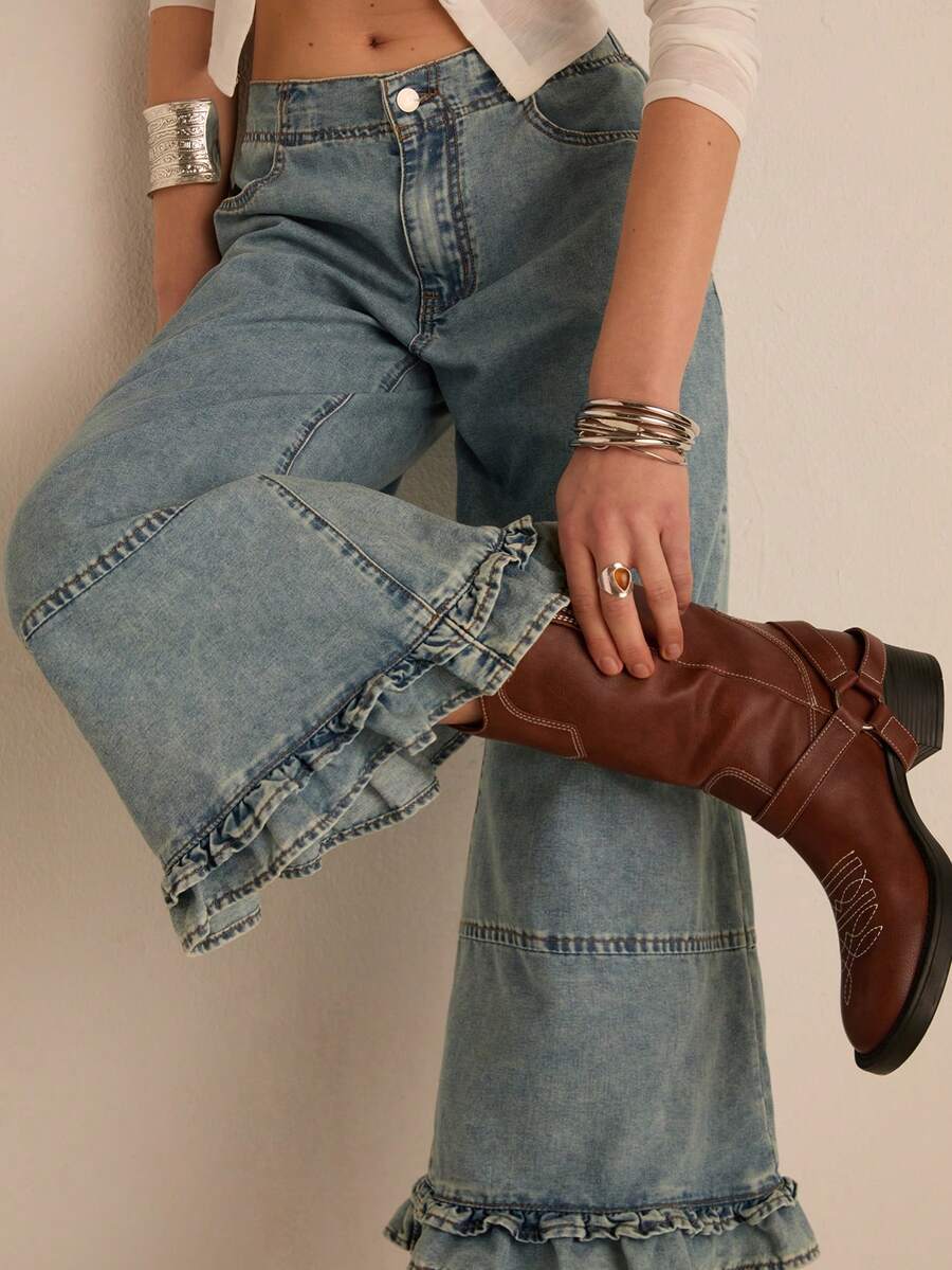 Easelle Mẫu quần jeans ống rộng lửng cạp thấp, phối bèo nhún, kiểu dáng mới về dành cho nữ. - Màu xanh lam - Xem 1