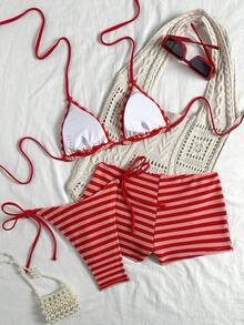 Swim Vcay 女士吊带露背性感红色沙滩度假三件套泳衣 Zestiva 泳装比基尼套装 条纹泳装 女士度假装 女士泳装比基尼套装 - 紅色 - 查看 2