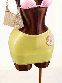 Amplova Minifalda de mujer 2026 con detalles florales 3D de lentejuelas amarillas y rosas para vacaciones - Amarillo - Ver 14