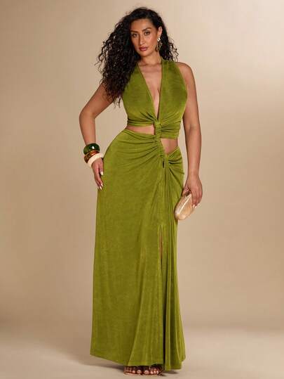 SHEIN BAE Plus Size Women Green Cutout Waist Sleeveless Beach Dress,Plus Size Women's Green Cut Out Maxi Dress V Neck Sleeveless Slit Party Event Gown
Stylish Plus Size Green Sleeveless V Neck Cutout Long Dress For Special Occasions
Elegant Plus Size Green Knotted Cut Out Waist Maxi Dress For Women Going Out