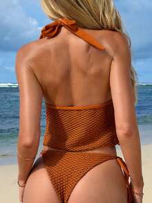 Swim Vcay Burnt Orange Crocheted Halter Tankini For Women Plain Pattern With Lace Up And Tie Side Bottoms Elegant Sexy Style Beach Vacation Summer - Orange - View 2