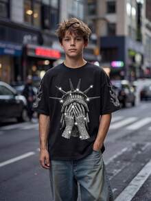 SHEIN 兒童青少年男孩休閒極簡風夏季新品 自由女神像水鑽圖案嘻哈風酷英文字母紮染短袖圓領T恤 - 灰色 - 查看 4