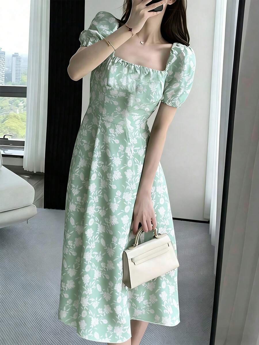 INAWLY 女士碎花方领优雅连衣裙 - 綠色 - 查看 1
