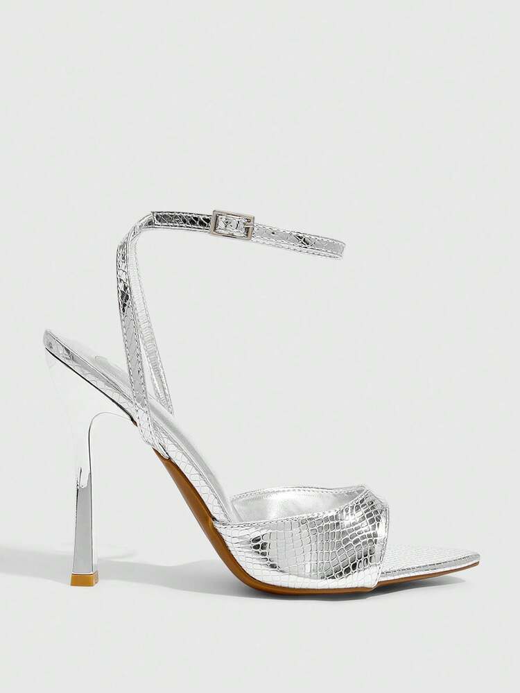 CUCCOO SZL Women Shoes Pointed Stiletto Silver Snake Open Toe Ankle Strap Women's High Heel Sandals Sexy Fashion Elegant With Skirts Daily Versatile Banquet Party Women's Sandals
