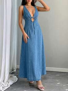 Firerie Đầm denim nữ cổ chữ V sâu, không tay, buộc dây, gợi cảm, thích hợp cho mùa hè, lễ hội, đi làm, nghỉ mát, tốt nghiệp, phong cách Y2K, dễ thương, thời trang đường phố, dự tiệc, đám cưới, thanh lịch, công sở, đi biển, lễ Phục sinh. Đầm denim cổ chữ V sâu, đầm maxi denim buộc dây phía trước, đầm denim kiểu dáng thanh lịch, đầm dự tiệc mùa xuân, đầm đi nghỉ mát cho nữ, đầm hè màu xanh, đầm đi nghỉ mát gợi cảm cho nữ. - Màu xanh lam - Xem 5