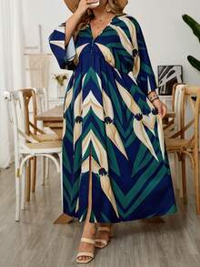 SHEIN CURVE+ Plus Size Women's Vacation Green Plant Print 3/4 Sleeve Dress - Multicolor - View 10