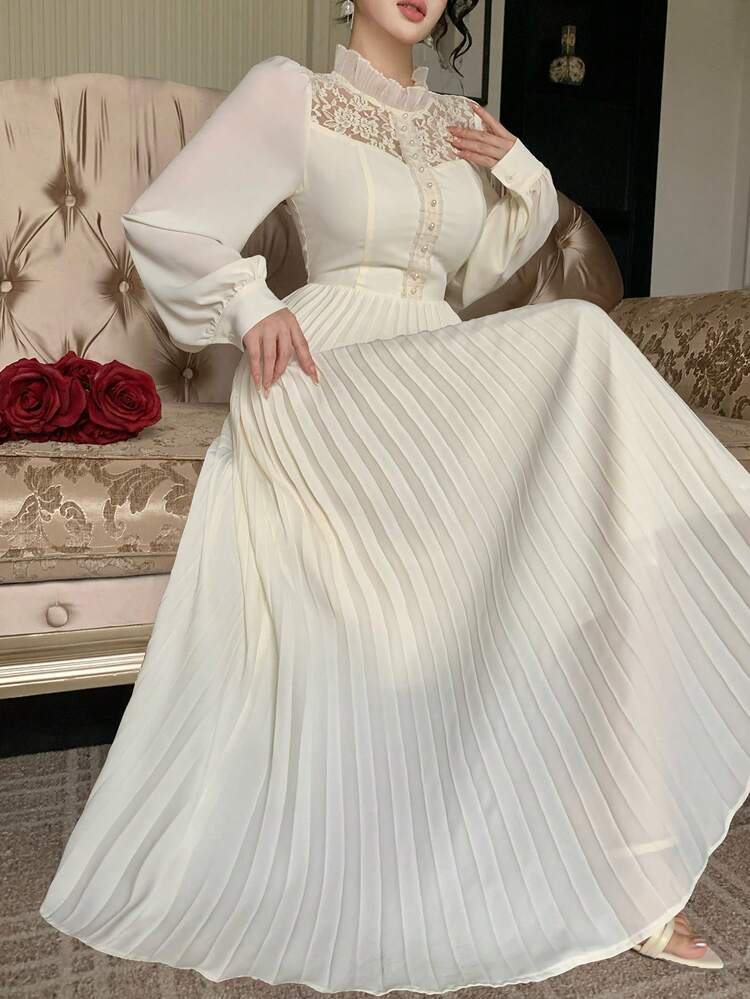 Women's Elegant Fabric Patchwork A-Line Waist Lace Petal Sleeve Princess Dress, Lace Patchwork Pleated Long Dress, Spring & Summer