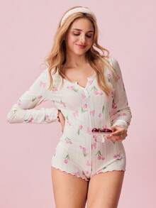 Bonmuse Women's Long Sleeve Tulip Pattern Jacquard Knit Romper Pajamas, For Fall, Winter - White - View 6