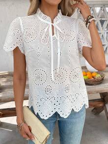 SHEIN Clasi Blusa bordada cómoda para mujer, camisa blanca elegante para vacaciones de verano - Blanco - Ver 3