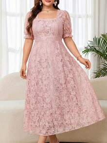 Ellevyn 大码女式花卉蕾丝方领花瓣袖优雅连衣裙 - 粉色 - 查看 15