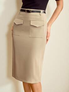 Vintamour Vintage Classic Elegant Women's Skirt, Spring/Summer Fitted Pocket Waist Tie Midi Pencil Skirt - Khaki - View 3
