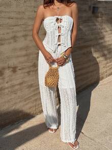 DAZY 女士休闲度假纹理抹胸上衣和直筒裤两件套，春夏款 - 米色 - 查看 3