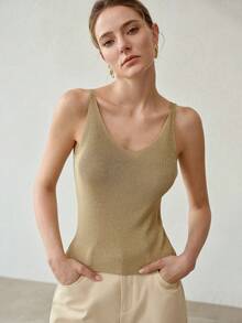 MOTF PREMIUM WOMEN'S SOLID COLOR V-NECK RIBBED KNIT TOP - Gold - View 4