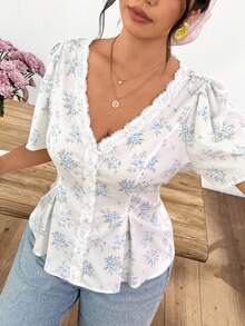 Lounesse Áo sơ mi nữ cỡ lớn cổ chữ V in hoa, kiểu dáng thường ngày đa năng. - Màu xanh lam - Xem 6