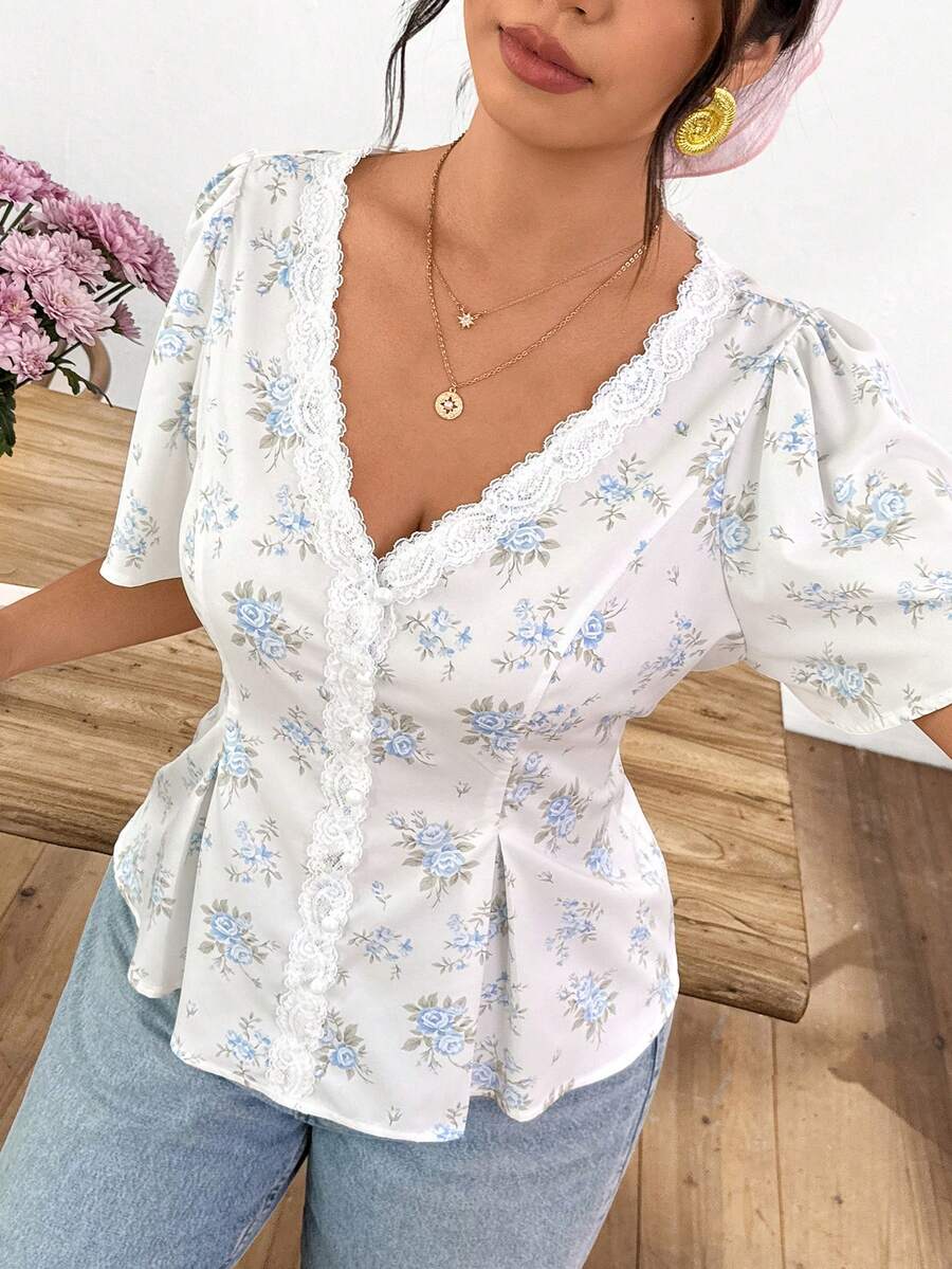 Lounesse 大码女式V领印花休闲百搭日常衬衫 - 藍色 - 查看 1