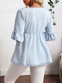 SHEIN CURVE+ Plus Size Summer Casual Washed Front Tie Denim Jacket - Blue - View 2