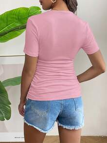 SHEIN 孕妇休闲日常通勤纯色褶皱修身短袖T恤，夏季 - 粉色 - 查看 2