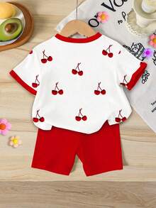 Souflis Souflis 2 Stücke/Set Süßes Outfit für Kleine Mädchen mit Kirschprint Kontrast-Farben Rundhals Kurzarm T-Shirt und einfarbige Shorts, Lässig bequem für Frühling/Sommer Alltag und Urlaub, beinhaltet T-Shirt und passende anliegende Radlerhose, geeignet für Frühling/Sommer, lässiger Urlaub, Süß Sommerkleidung für Mädchen, koreanischer Stil, Sommeroutfit, Mädchen Sommerbekleidung - Verschiedenfarbig - Übersicht 2