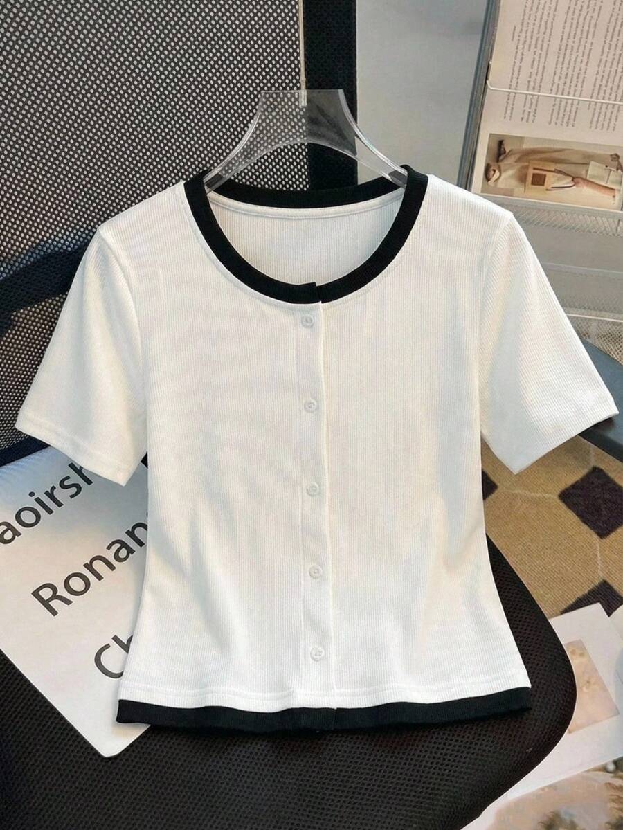 EMERY ROSE Women's Contrast Color Round Neck Short Sleeve Single-Breasted Casual T-Shirt,White And Black Summer Top For School,Back-To-School - White - View 1