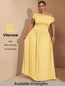 SHEIN Tall CURVE 大码女式优雅百搭弹力面料黑色连衣裙，适合日常穿着、派对、露肩等场合，适合大码女性，A字型长裙 - 淡黃色 - 查看 1