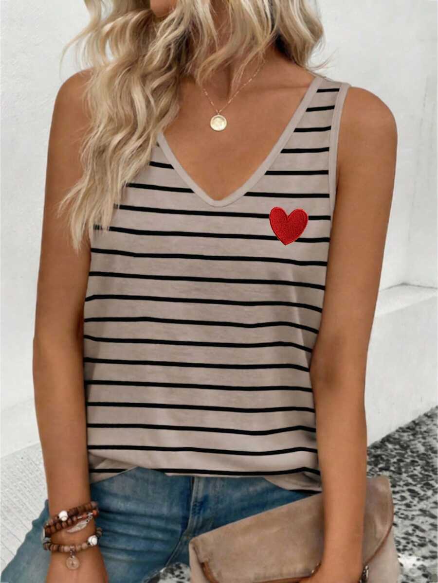 EMERY ROSE New Fashion Casual Versatile V-Neck Striped Heart Print Tank Top For Women - Multicolor - View 1