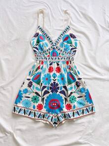 Soleia Bộ jumpsuit nữ in họa tiết nhiệt đới nhiều màu sắc, dây mảnh, trang trí kim loại, thích hợp cho bữa ăn trưa, mùa hè, Ngày của Mẹ, lễ tốt nghiệp, nhà thờ, bãi biển, lễ hội âm nhạc, sân bay, tiệc trà chiều, mùa thu/đông. - Màu xanh lam - Xem 6
