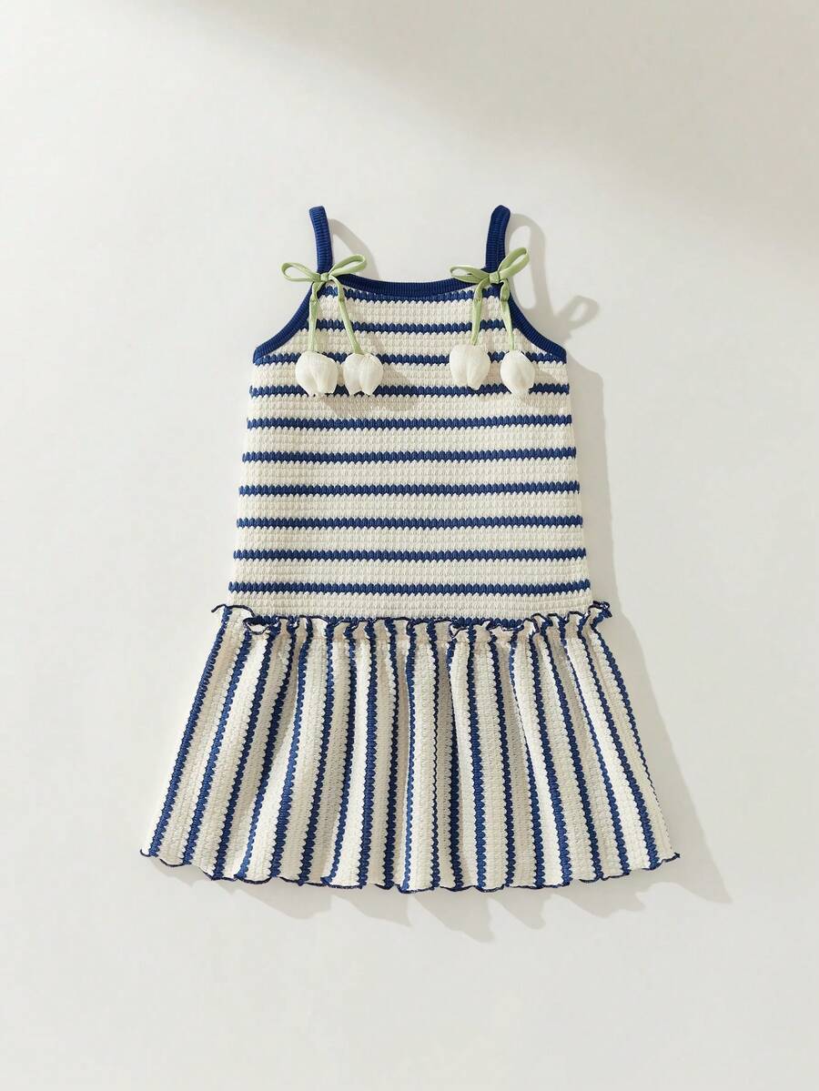 Maija Kids Maija Kids 1件装少女休闲优雅度假宽松可爱郁金香装饰蓝白条纹针织吊带连衣裙,适合日常穿着、返校、郊游、聚会、节日、春夏季节。 - 藍白色 - 查看 1