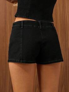SHEIN BAE Women's Casual Versatile Zipper Front Denim Shorts - Black - View 2