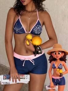 Swim Mod 2pcs/Set Teenage Girls' Ocean Print Spaghetti Strap Crop Top And Matching Shorts - Multicolor - View 1