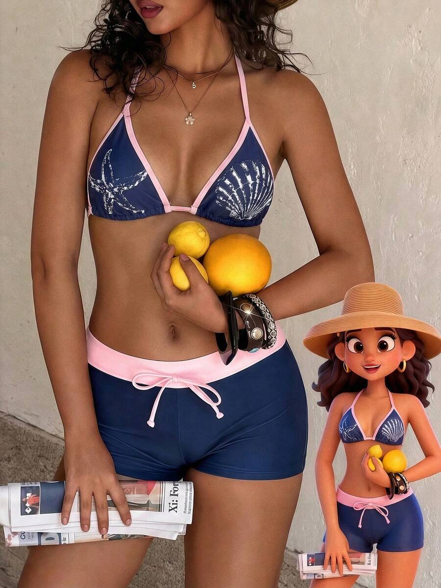 Swim Mod 2pcs/Set Teenage Girls' Ocean Print Spaghetti Strap Crop Top And Matching Shorts - Multicolor - View 1