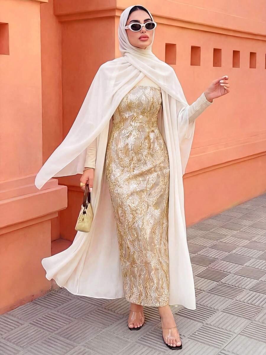 Elenzga 2025 Spring/Summer High-End Minimalist Blue Bandeau White Shawl Collar Dress - Yellow - View 1