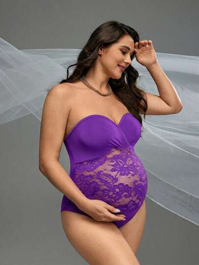 Cheriluna Maternity Bộ áo liền quần cúp ngực màu trơn tương phản ren dành cho bà bầu mùa hè, thích hợp chụp ảnh.