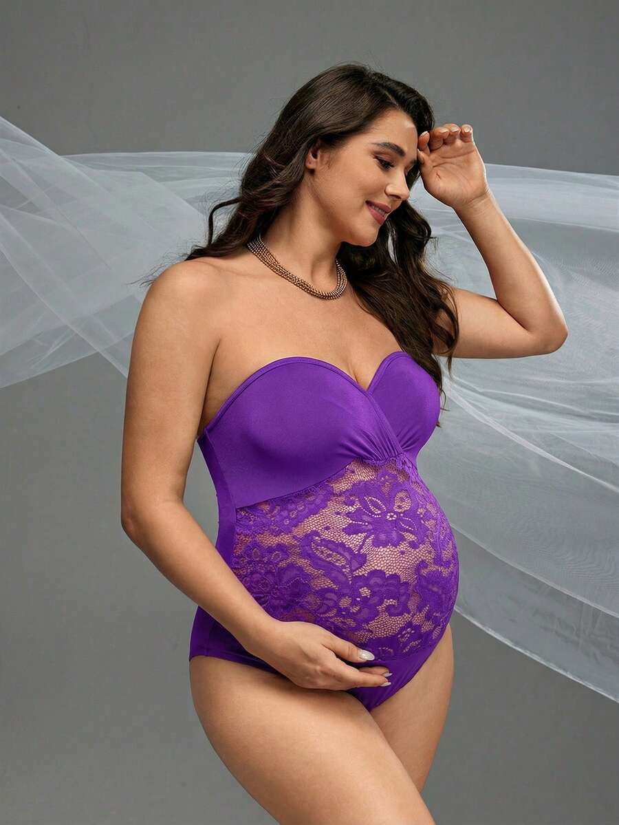 Cheriluna Maternity Bộ áo liền quần cúp ngực màu trơn tương phản ren dành cho bà bầu mùa hè, thích hợp chụp ảnh. - Màu tím - Xem 1