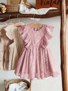SHEIN Vintaside Kids 女嬰春夏純杏色夢幻薄紗無袖洋裝，極簡風格，適合度假慶典與優雅出遊 - 粉色 - 查看 4