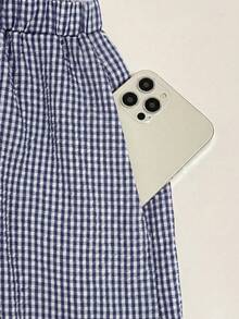 SHEIN Frenchy Bộ đồ nữ kẻ caro cổ tròn và quần ống rộng, kiểu dáng thường ngày, gồm 2 món. - Màu xanh hải quân - Xem 5