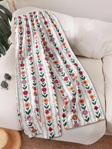 SHEIN Sparklyn 青少年女孩高腰波希米亞風米色多彩花卉印花寬腿褲，夏季波西米亞野餐度假寬鬆舒適高腰長褲 - 彩色 - 查看 2