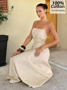 Siren Gaze Women's Long Cotton Dress, Spring/Summer - Apricot - View 3