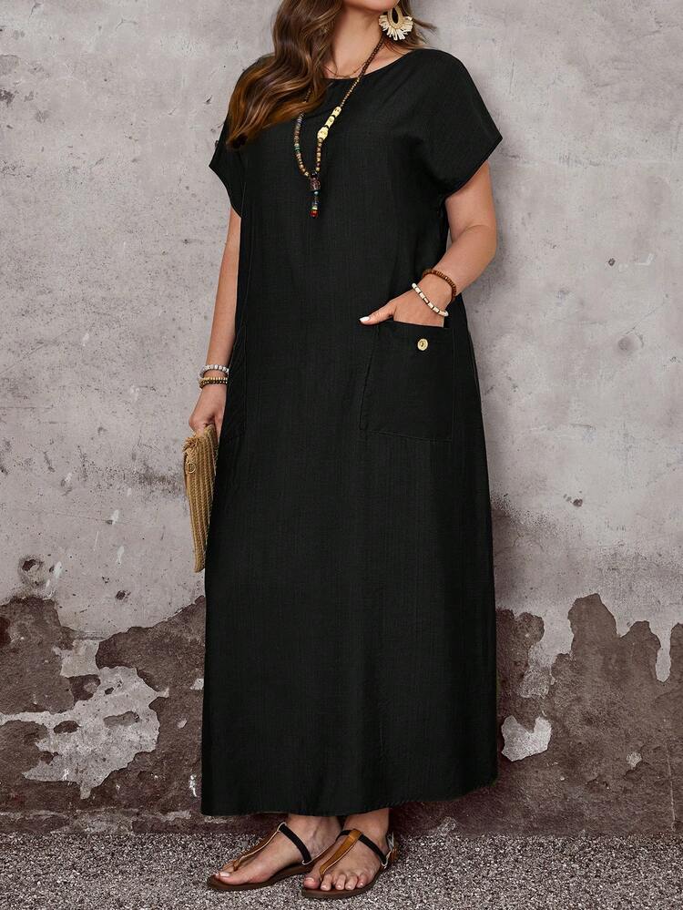 Plus Size Women's Summer Casual Vacation Round Neck Short Sleeve Pocket Loose Black Long Dress,Plus Size Women's Casual Vacation Solid Color Black Round Neck Short Sleeve Loose Fit Basic Dress With Pockets,, Summer Holiday,Spring Break Outfits ,Vacation Outfits Women ,Holiday Outfits For Women,Spring Dress Women,Going Out Outfits,2026 New Clothes,Simple And Fashionable For Everyday Wear,Casual Vacation Boho Dress,Flowy Dress,Holiday Outfits Boho,Casual,Flowy Long Dress ,Suitable For Summer, Vacation, Commute, Daily Wear, Black Summer Dress Women Casual Long Dress