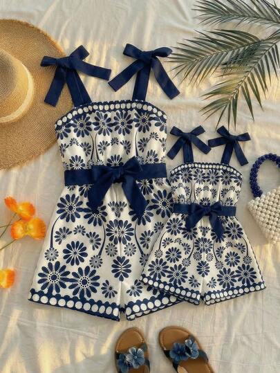 Emery Rose Kids Emery Rose Kids Young Girl Woven Contrast Ditsy Floral Camisole Romper,Kids Summer Romper Romper For Girls Bow Strap Romper Floral Romper Girls Playsuit