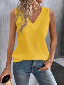 EMERY ROSE Women's Solid V-Neck Casual Sleeveless Tank Top, Spring/Summer - Yellow - View 4