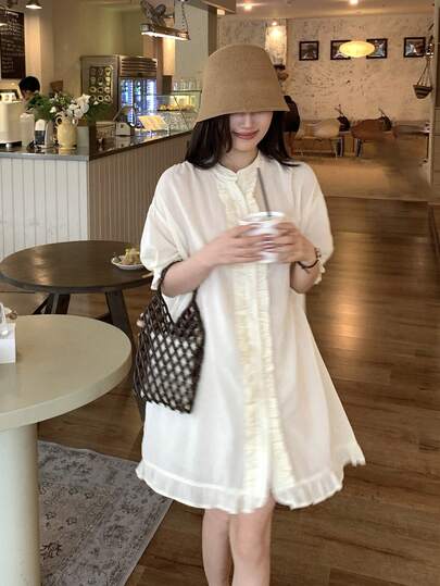 DAZY Women's Japanese/Korean Style Ruffle Trim Short Sleeve Blouse