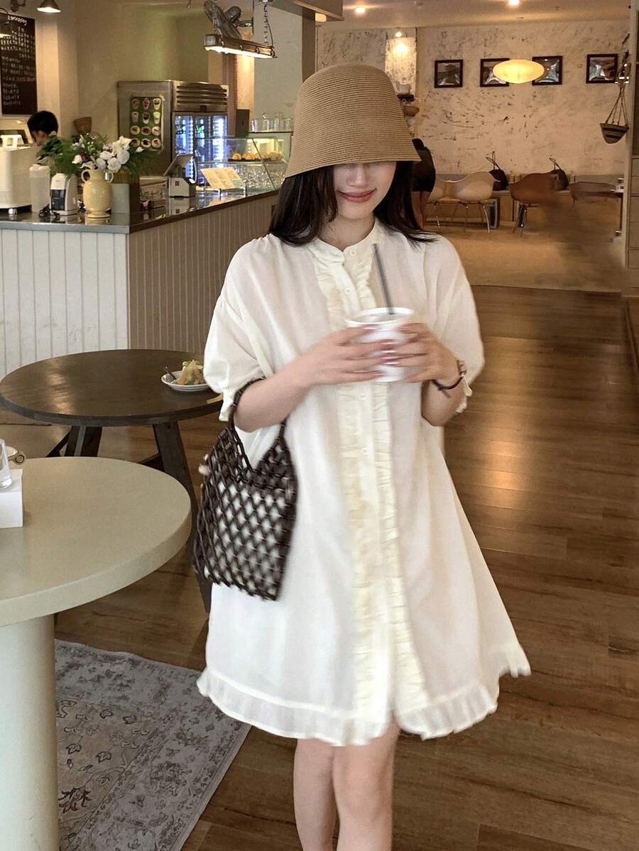 DAZY Blouse à manches courtes avec volants, style japonais/coréen pour femmes, pour l'été - Nude - Voir 1
