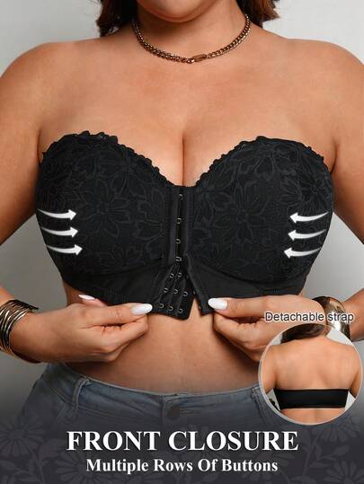 Plus Size Black Wireless Lace Front Closure Supportive Bra Push Up Bra Curve Big Bra Push Up Bras Plus Size