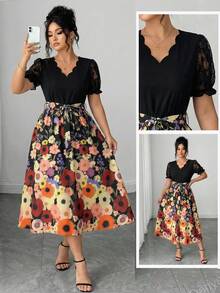 Reflora Plus Size Elegant Black Summer Tea Party Floral Print Dress For Women,Lace Patchwork Retro Wedding Guest Graduation Outfit,Casual Vacation Beach Dress - Multicolor - View 10
