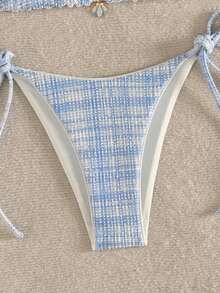 Swim MOD 2 Pieces Swimwear,Blue And White Textured Metallic Halter Triangle Top&Side Tie Bottom Bikini Set,Summer Tropical Holiday Pool Party - Blue and White - View 5