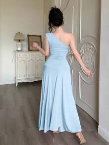 Modelyn Solid Color Sleeveless Ruched Fitted Dress For Women Graduation Guest Light Blue Summer Elegant - Blue - View 5