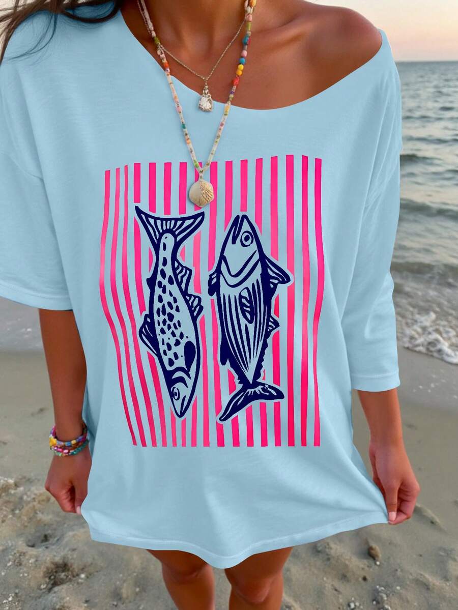 Vaclyn 女士度假风条纹印花宽松露肩T恤 - 藍色 - 查看 1